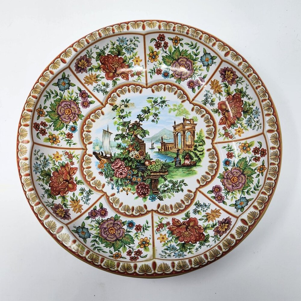 1971 Daher Decorated Ware Tin Bowl with Gorgeous Colorful Flowers, Italian Scene